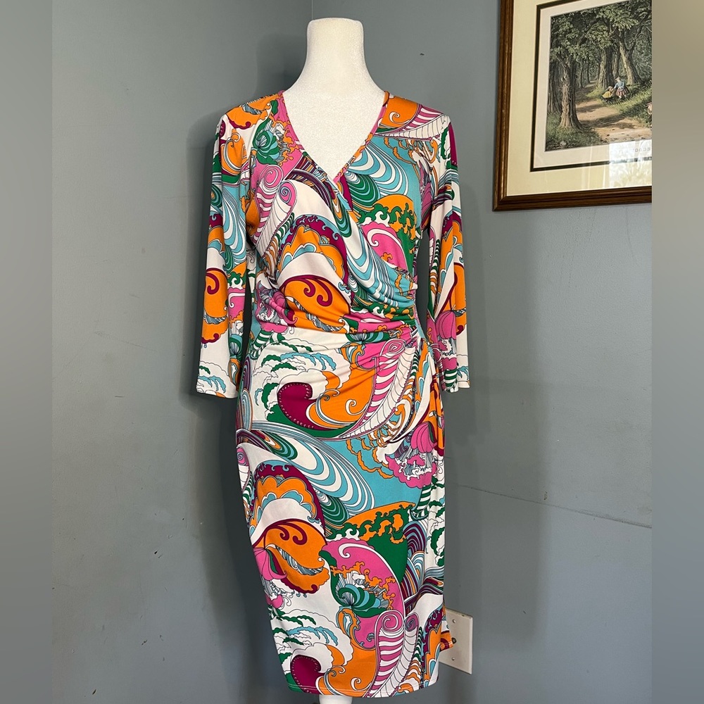 Laundry by Design multi colored paisley print faux wrap dress size 6